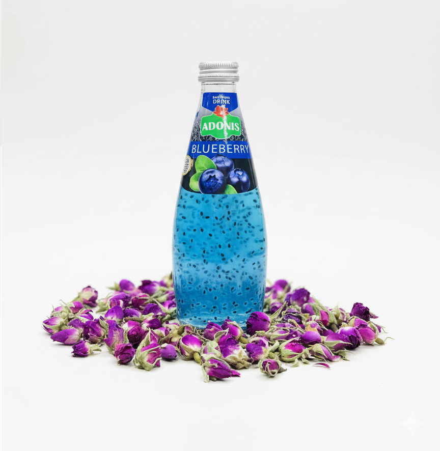 نوشیدنی بلوبری با بذر ریحان درین گل و آدونیس ۳۰۰ سی‌سی | طبیعی و باکیفیت