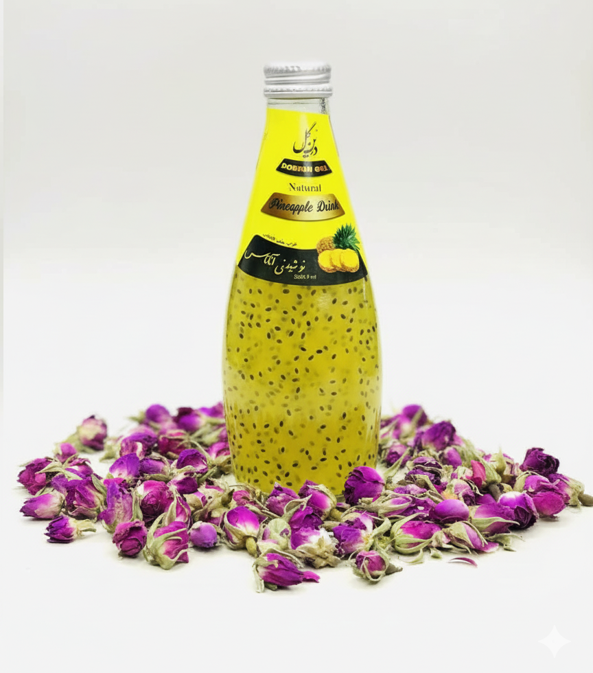 نوشیدنی آناناس شرکت درین گل کاشان حجم 300میلی لیتر باطعم و باکیفیت عالی حاوی بذر ریحان
