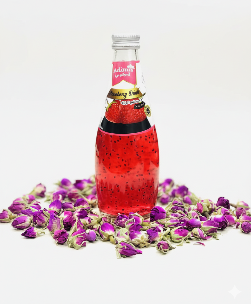 نوشیدنی توت فرنگی شرکت درین گلاب وآدونیس همراه با بذر ریحان بسیار خوش طعم و بدون رنگ مصنوعبی