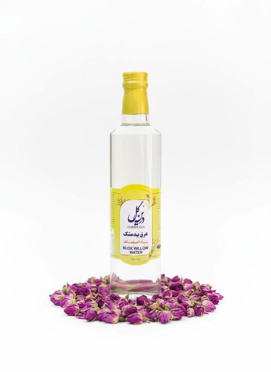 عرق بیدمشک شرکت درین گلاب کاشان حجم 500میلی لیتر تقویت کننده قلب آرام بخش کاهش قند خون و ملین